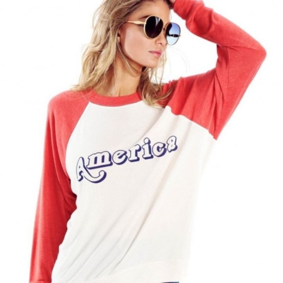 NEW! Wildfox 'AMERICA' Raglan Sweatshirt in WHITE/RED (M) - Picture 5 of 15